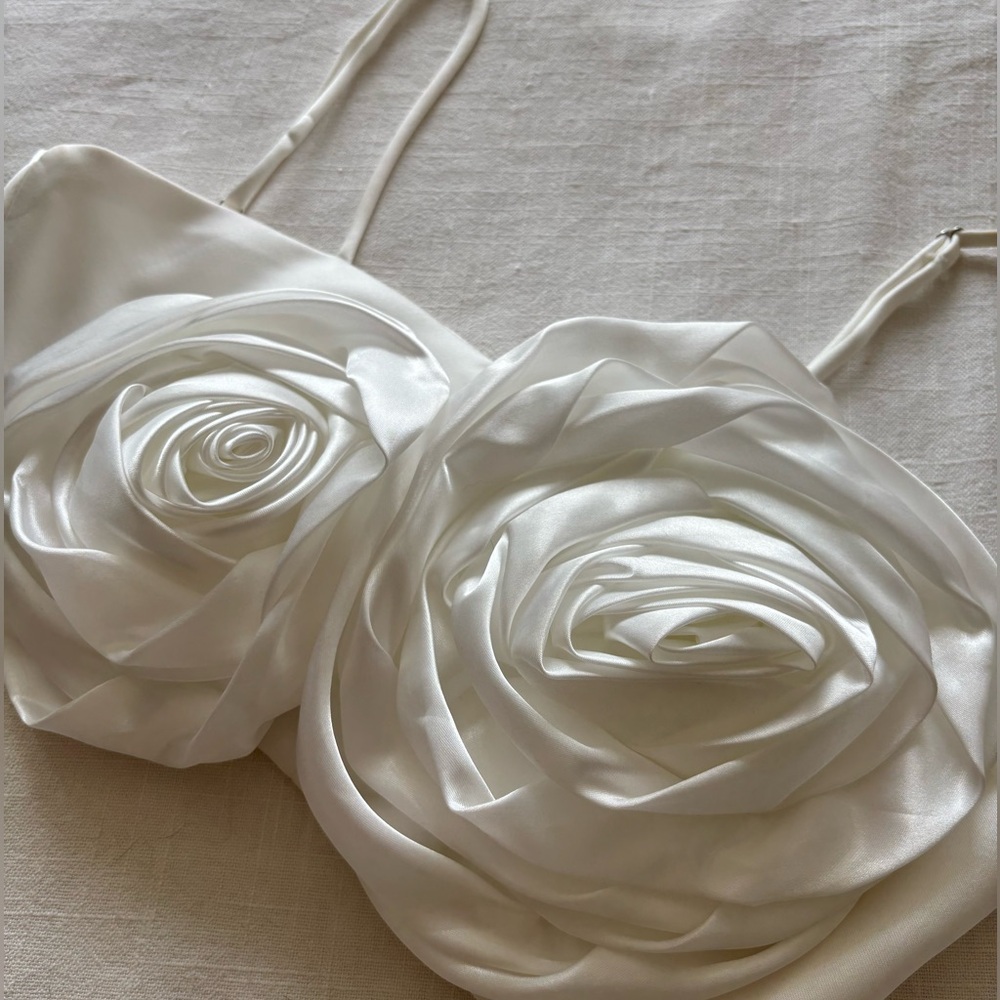 ZARA Satin Rose Embellished Crop Top in White